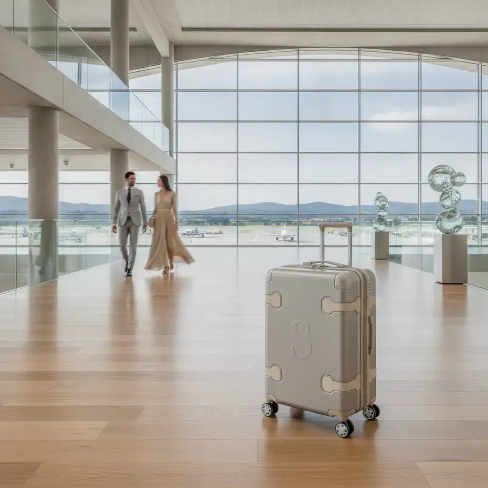 Elegante valigia SwiftBrands in un moderno aeroporto italiano