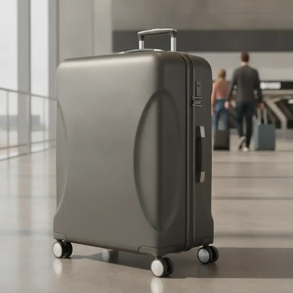 Viaggiatore elegante in un aeroporto italiano con valigia SwiftBrands